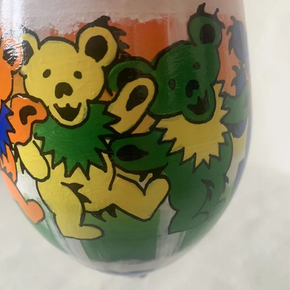 ORIGINAL Rebecca Suriano Hand Painted Grateful Dead Dancing Bears Wine Glasses